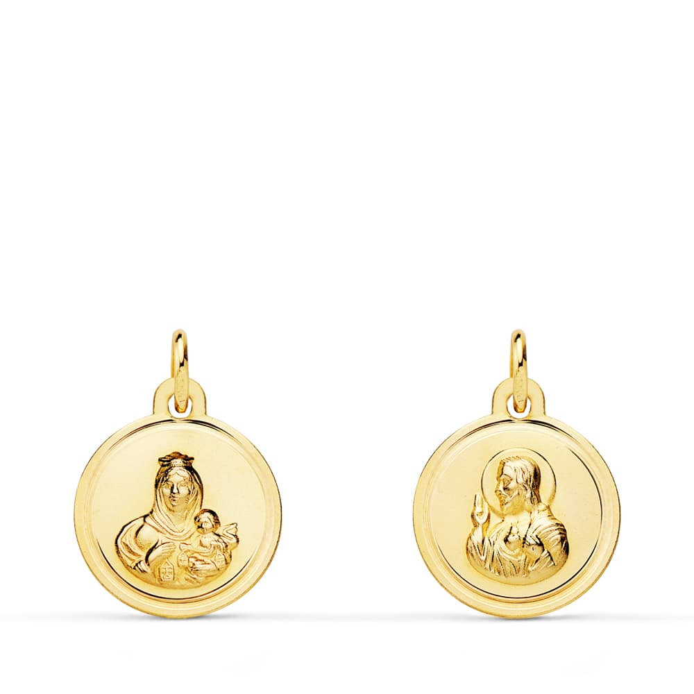 18K ESCAPULARIO BISEL VIRGEN DEL CARMEN CORAZON DE JESUS 12 MM