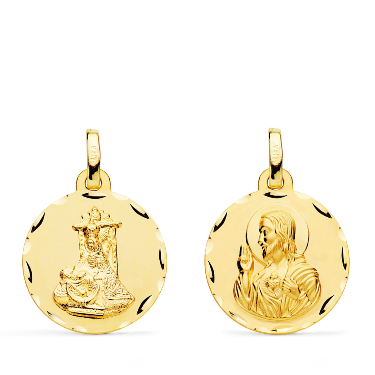 18K MEDALLA ESCAPULARIO VIRGEN DE LAS ANGUSTIAS Y CORAZON DE JESUS TALLADA 18 MM