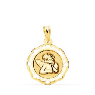 18K MEDALLA ANGELITO BURLON BRILLO CON CERCO CALADO 17X17 MM