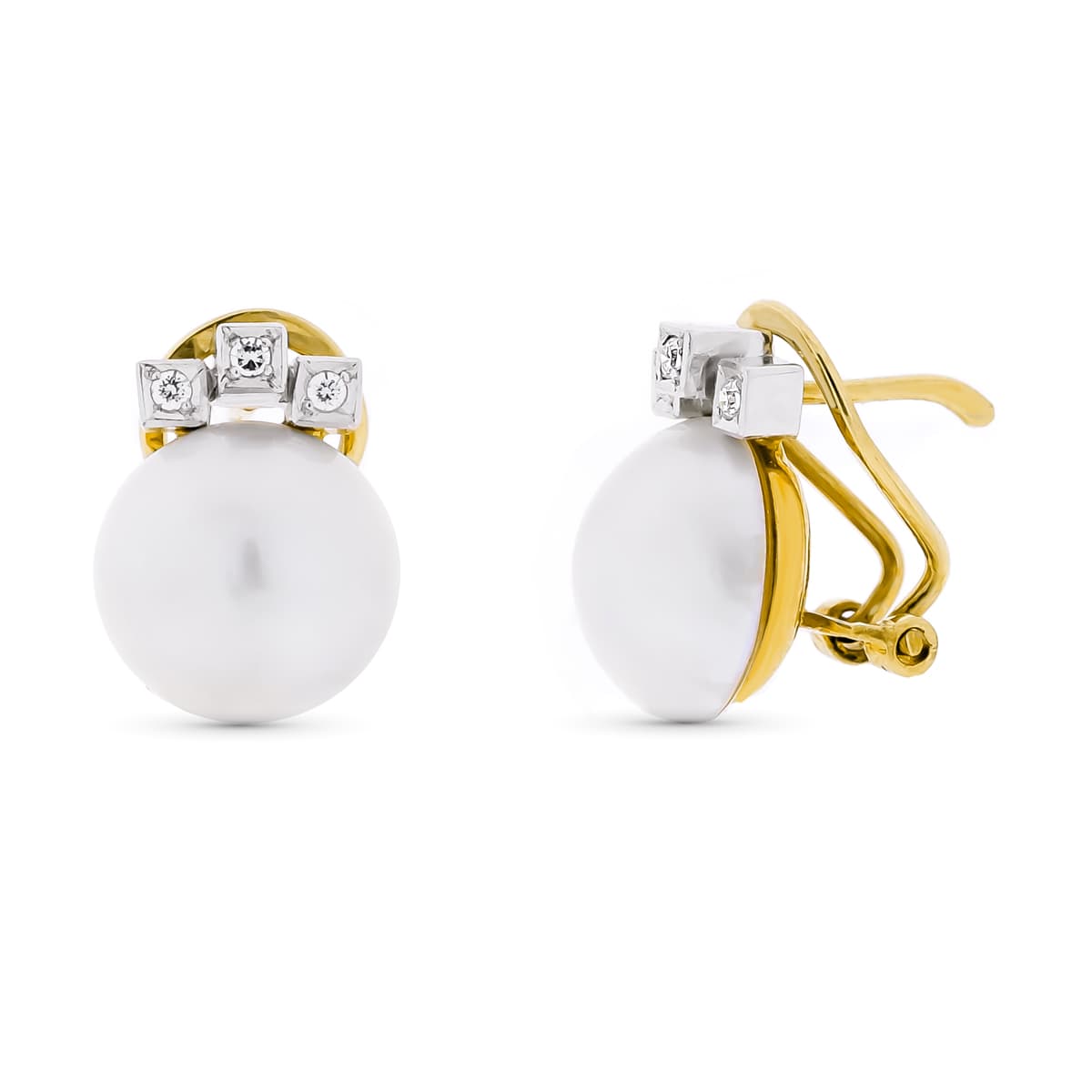 18K PENDIENTES ORO BICOLOR PERLA JAPONESA CON CIRCONITAS 10-12 MM CIERRE OMEGA