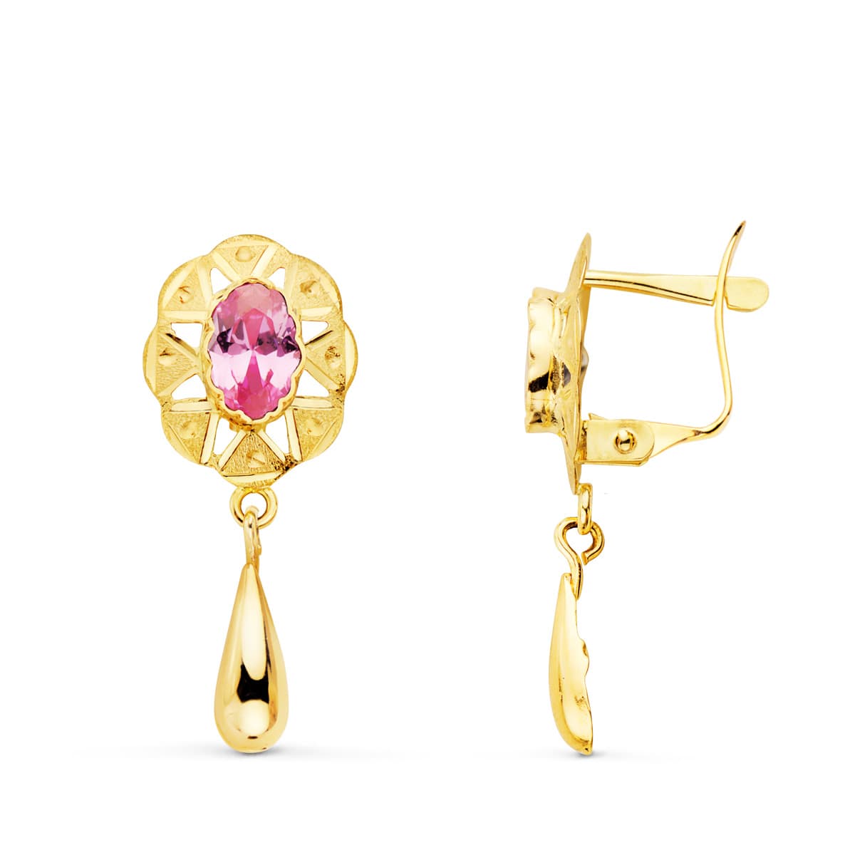 18K PENDIENTES ORO AMARILLO CUBANAS CON PIEDRA ROSA 23X9 MM CIERRE CATALAN