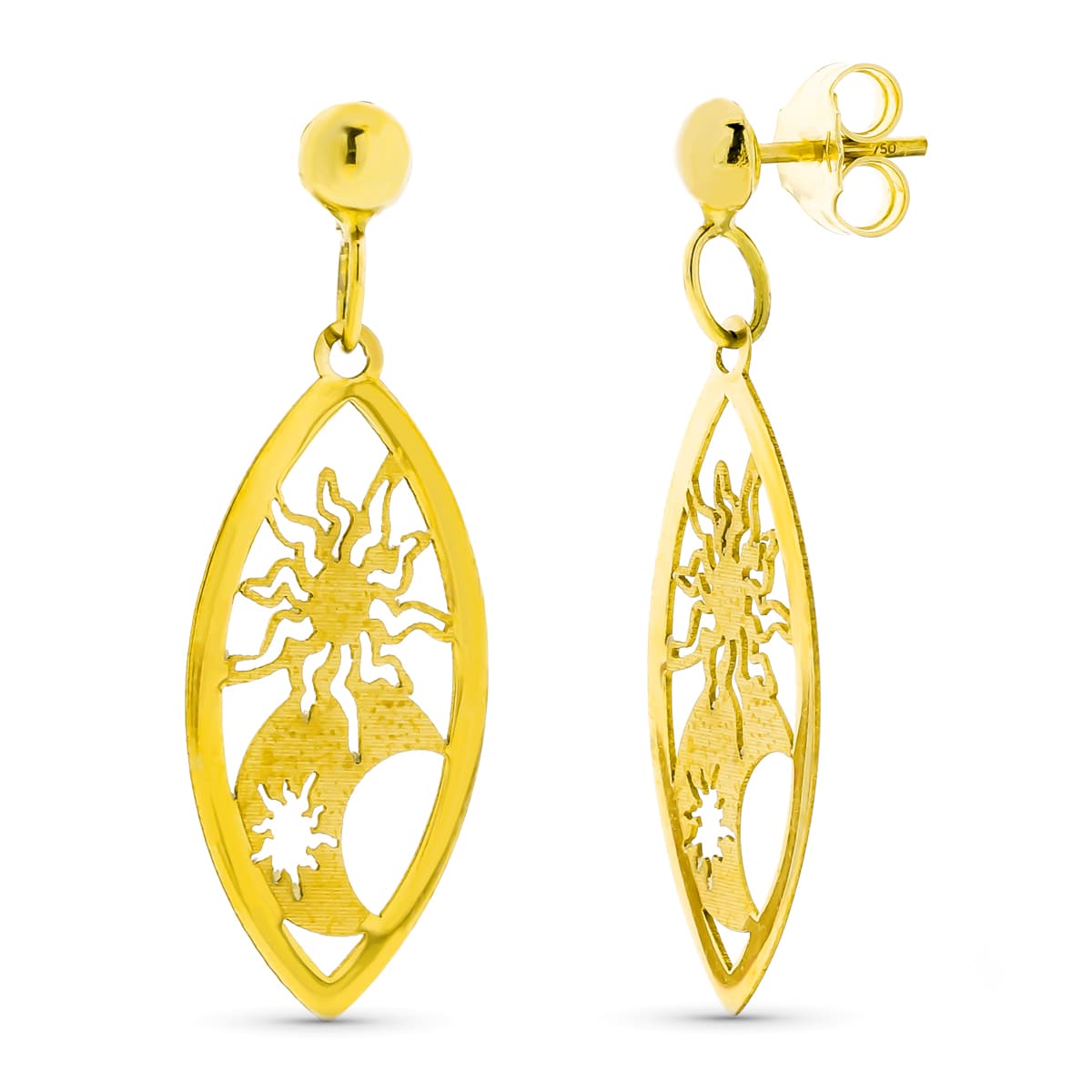 18K PENDIENTES ORO AMARILLO LARGOS CALADOS SOL Y LUNA