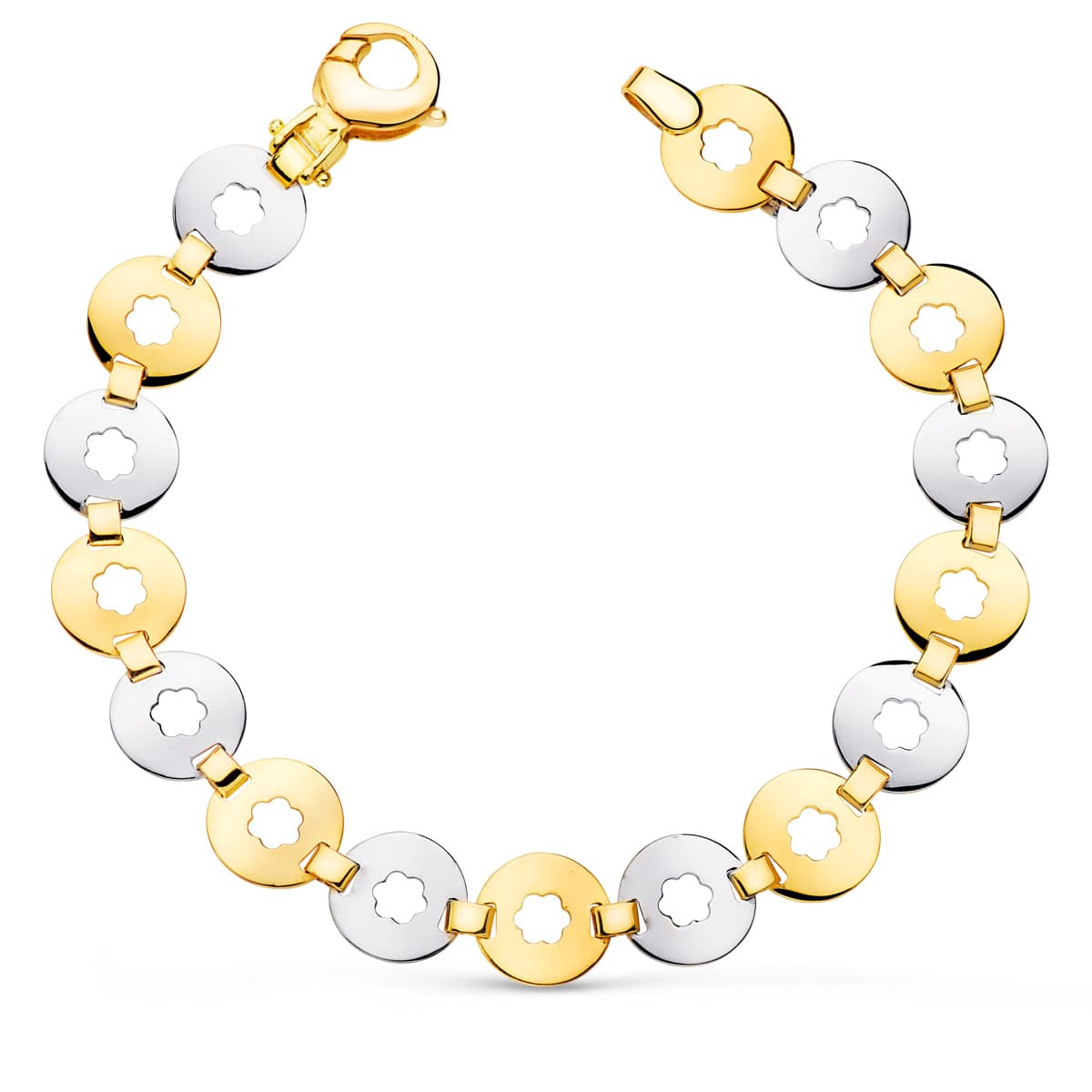 18K PULSERA ORO BICOLOR ESLABONES REDONDOS CON FLOR ANCHO 10 MM LARGO 19 CM