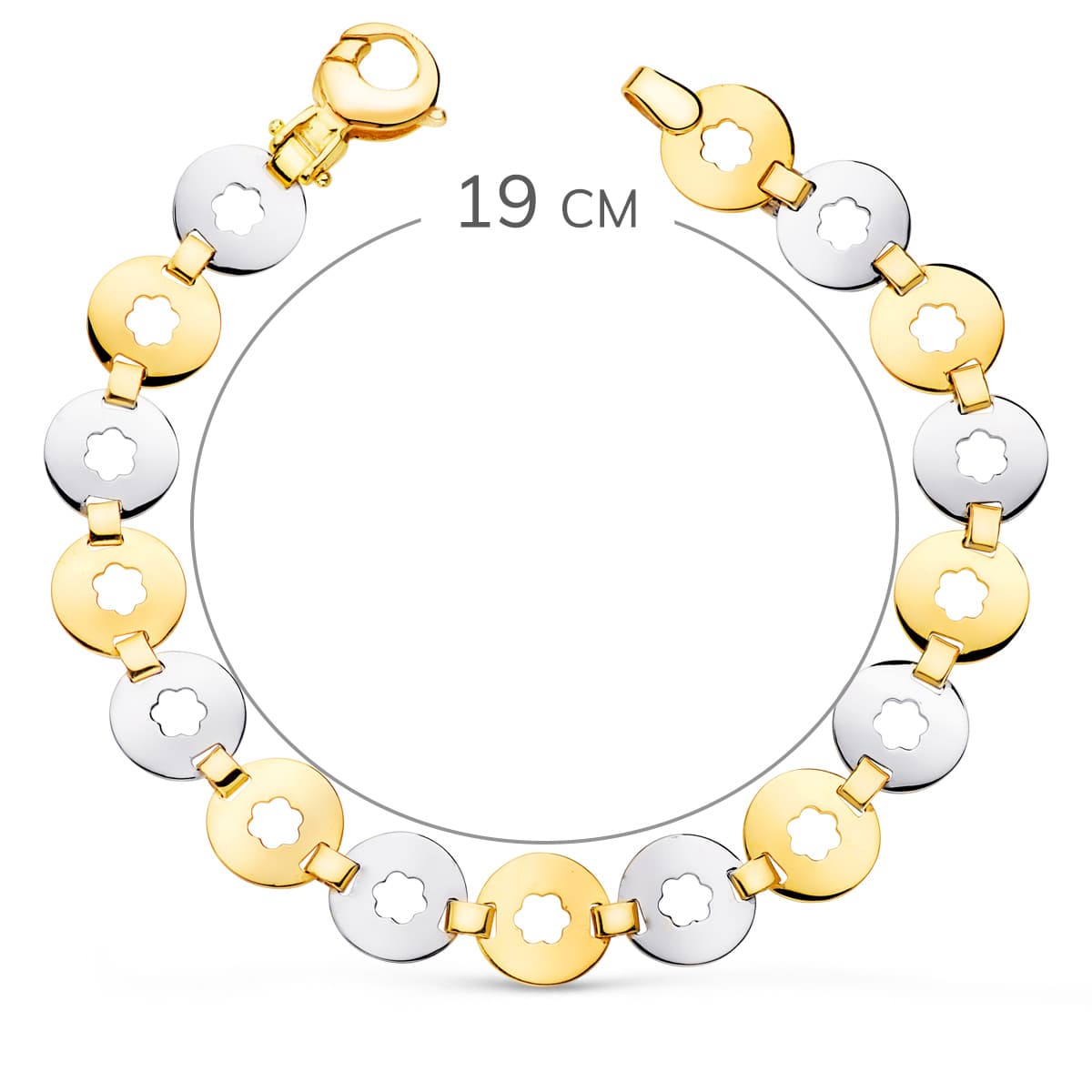 18K PULSERA ORO BICOLOR ESLABONES REDONDOS CON FLOR ANCHO 10 MM LARGO 19 CM - Imagen 2