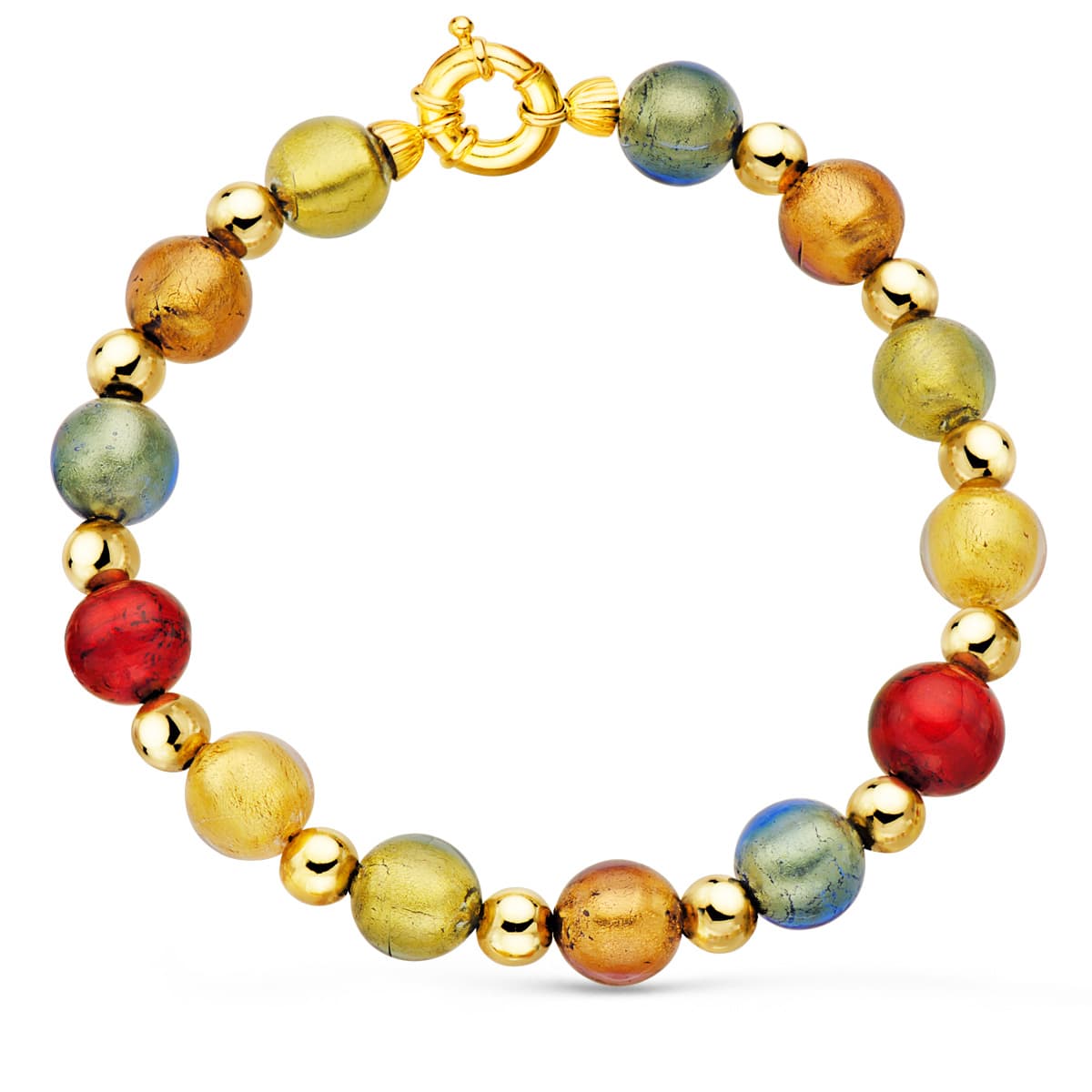 18K PULSERA ORO AMARILLO BOLAS CRISTAL MURANO 10 MM Y BOLAS LISAS 6 MM 21 CM