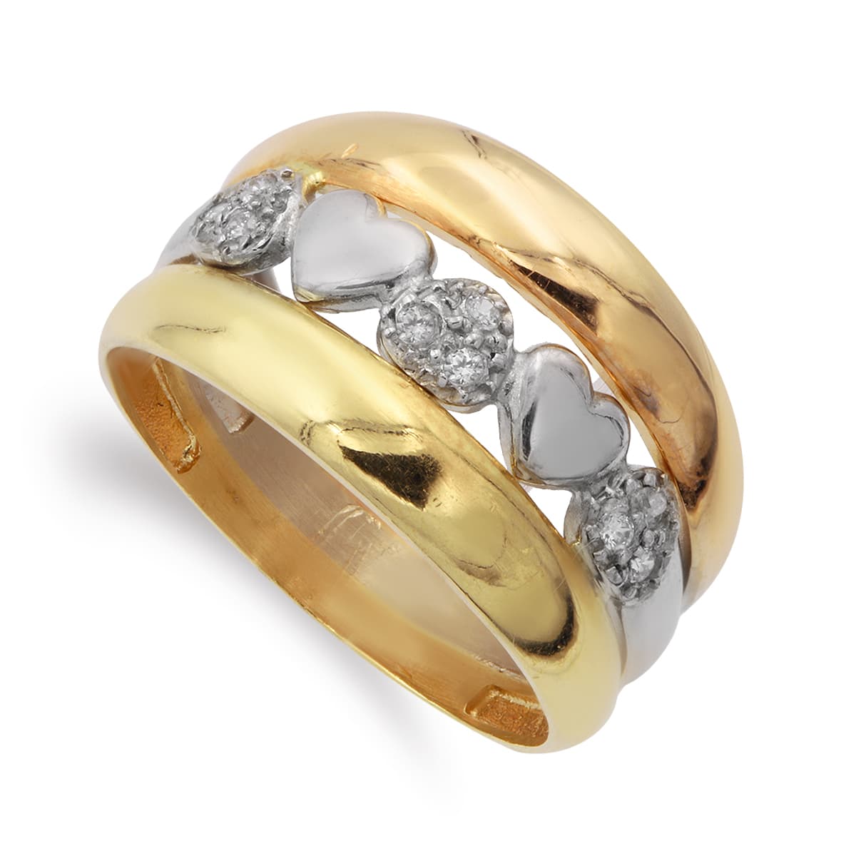 18K SORTIJA ORO TRICOLOR BANDAS CON CORAZONES ANCHO 13 MM