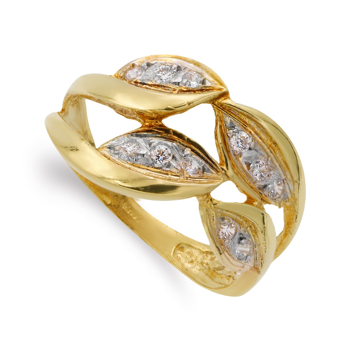 18K SORTIJA ORO BICOLOR HOJAS CON CIRCONITAS ANCHO 12 MM CUERPO 2 MM