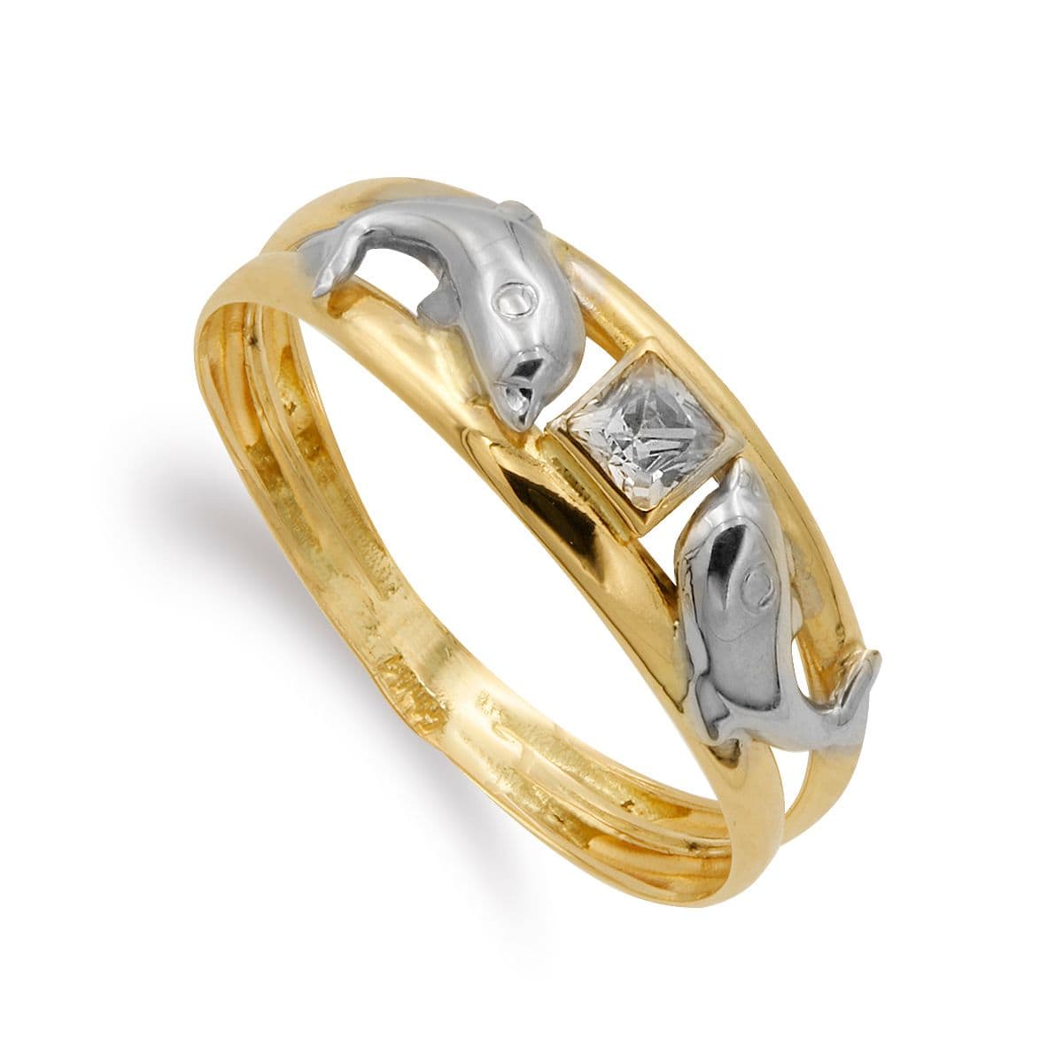 18K SORTIJA ORO BICOLOR CON DELFINES Y CIRCONITA ANCHO CUERPO 6 MM