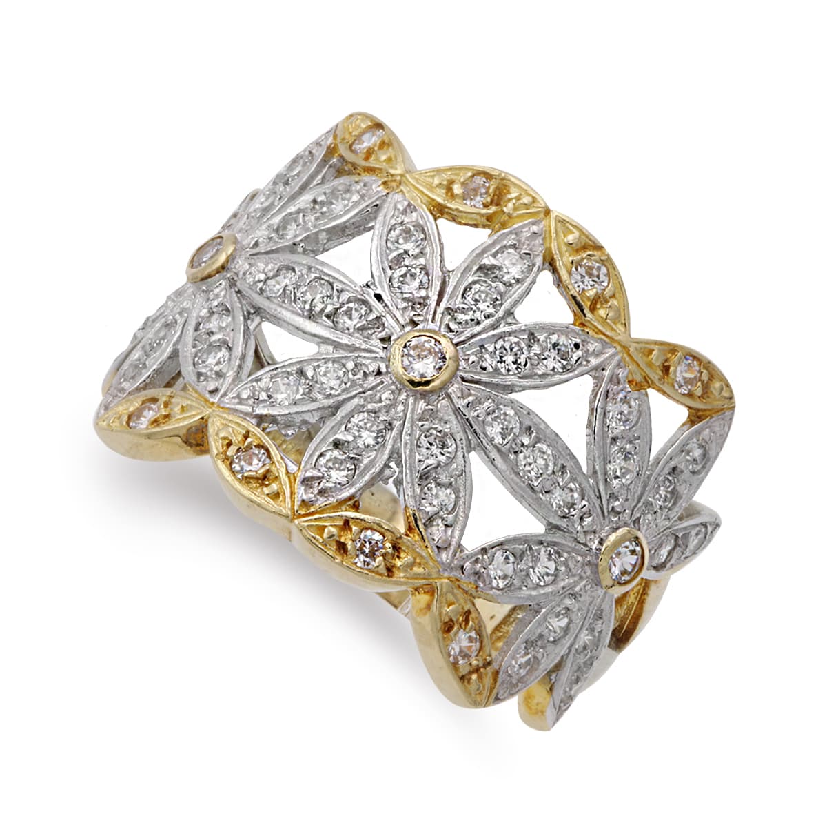 18K SORTIJA ORO BICOLOR MOTIVOS FLORES CON CIRCONITAS