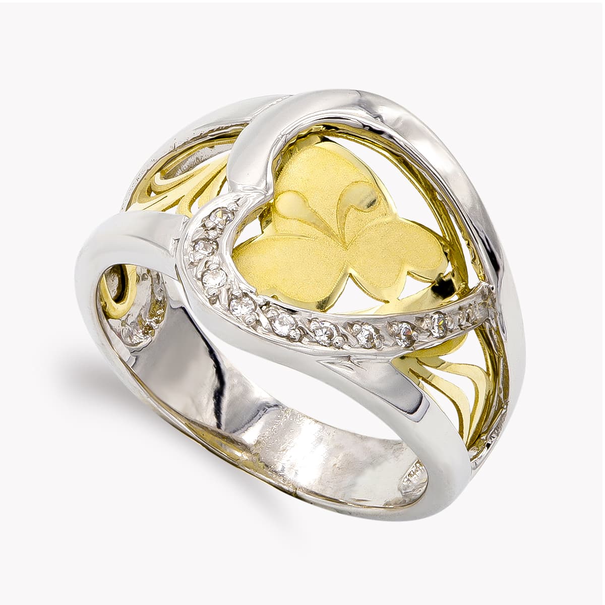 18K SORTIJA BICOLOR CORAZON MARIPOSA Y CIRCONITAS