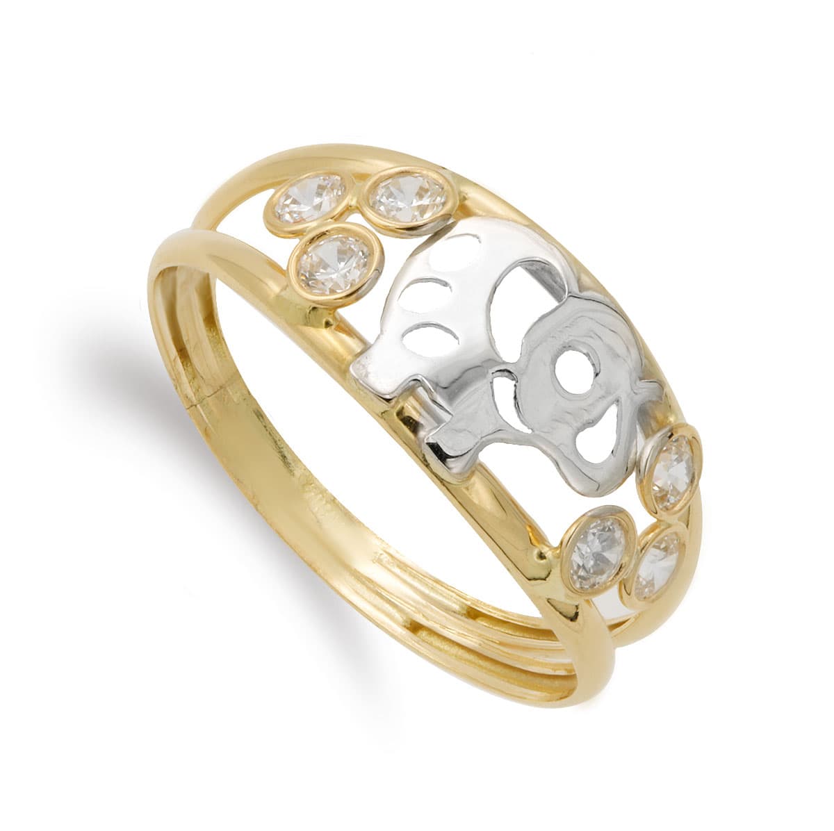 18K SORTIJA ORO BICOLOR DOS HILOS CON ELEFANTE Y CIRCONITAS 8 MM CUERPO 3 MM