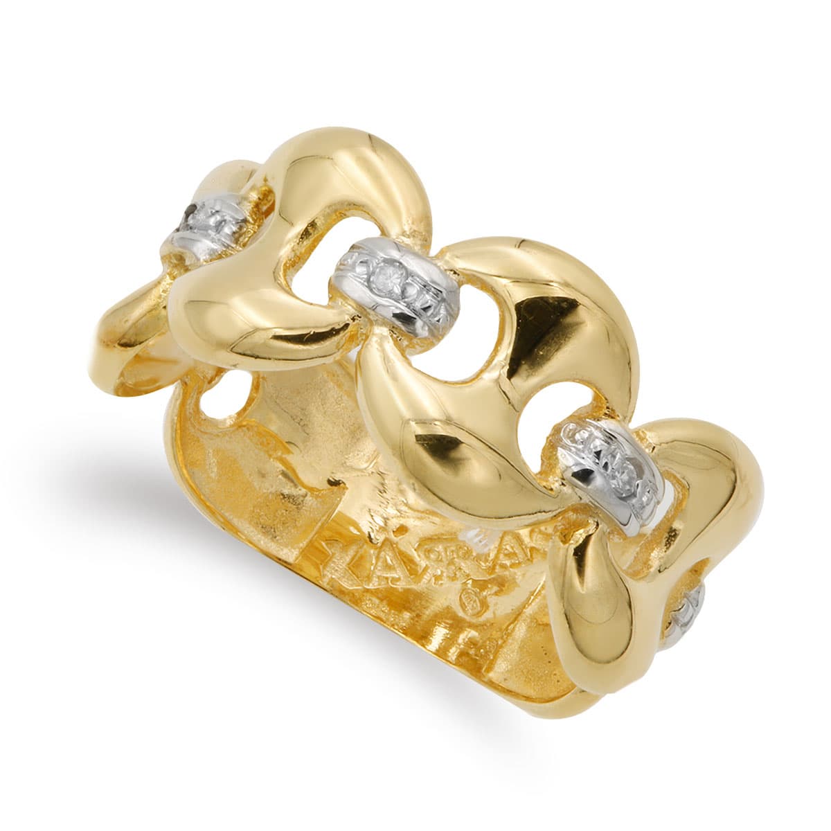 18K SORTIJA ORO BICOLOR MACIZA CON NUDOS Y CIRCONITAS ANCHO 10 MM