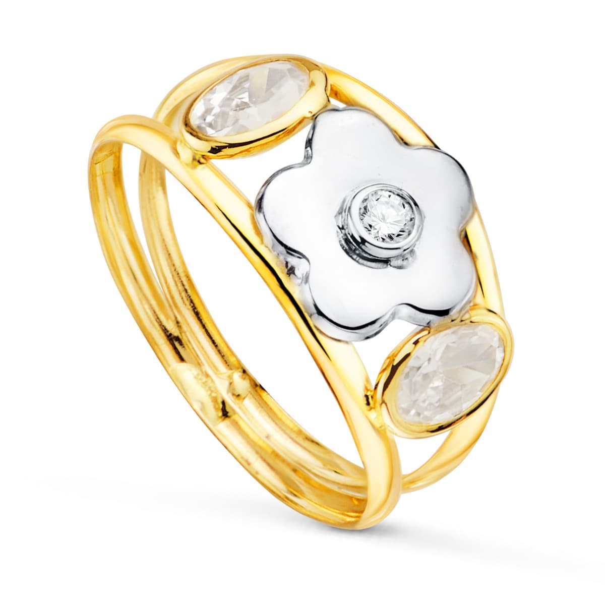 18K SORTIJA ORO BICOLOR FLOR Y CIRCONITAS OVALES. ANCHO CUERPO 9 MM