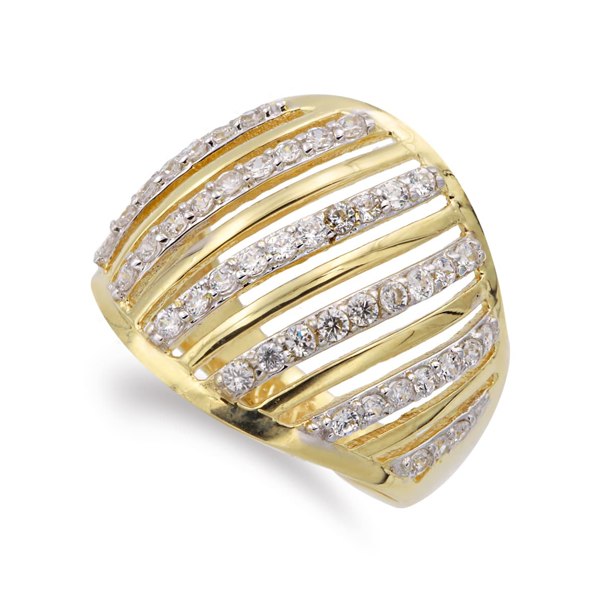 18K SORTIJA ORO BICOLOR ANCHA CON BANDAS Y CIRCONITAS 19 MM