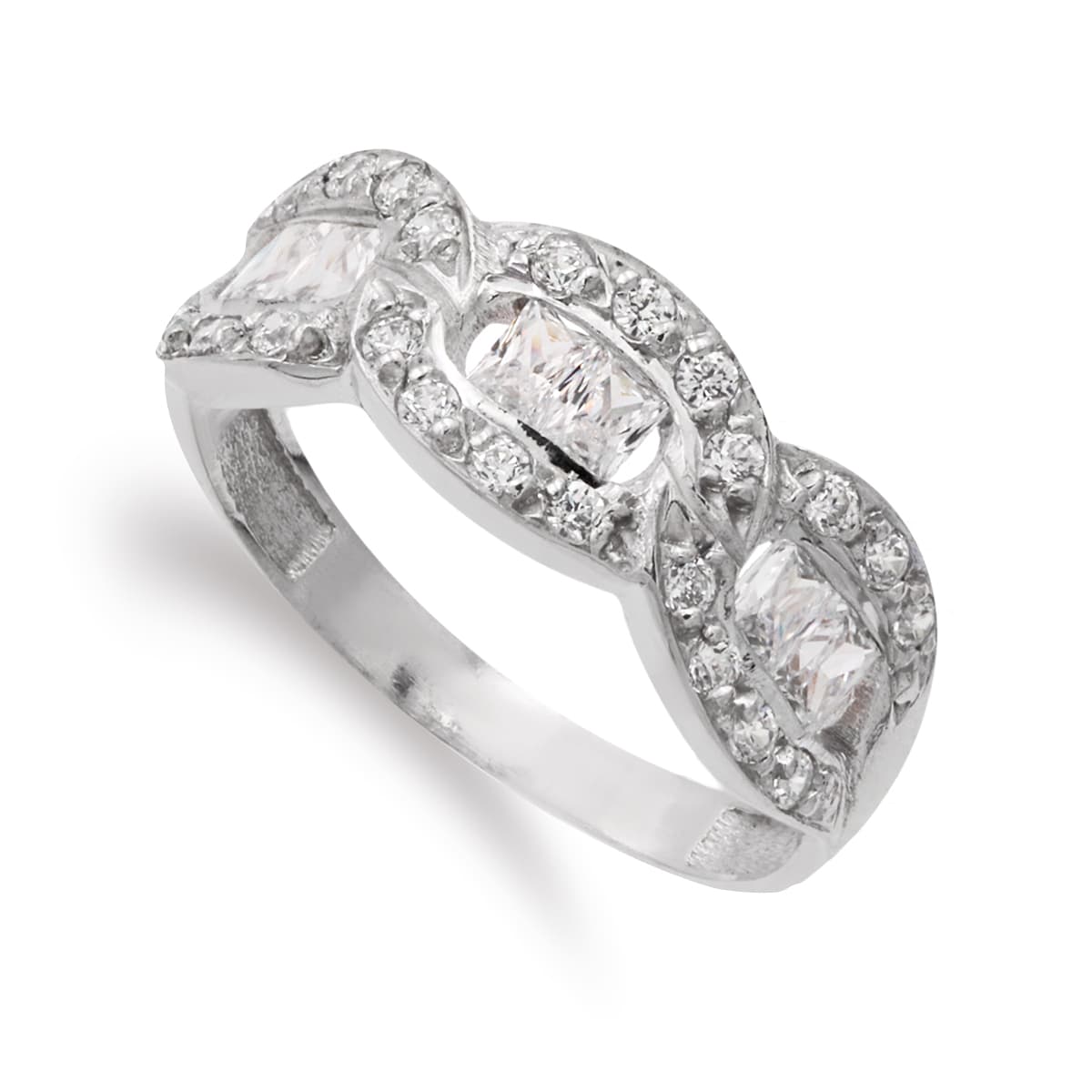 18K SORTIJA ORO BLANCO CON TRES MOTIVOS OVALES Y CIRCONITAS