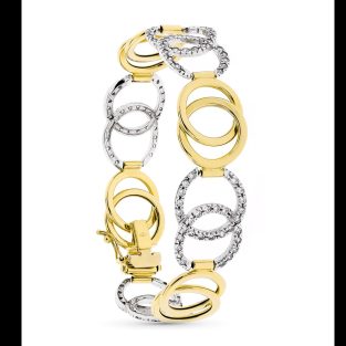 18K PULSERA ORO BICOLOR ESLABONES DOS CIRCULOS ENTRELAZADOS CON CIRCONITAS