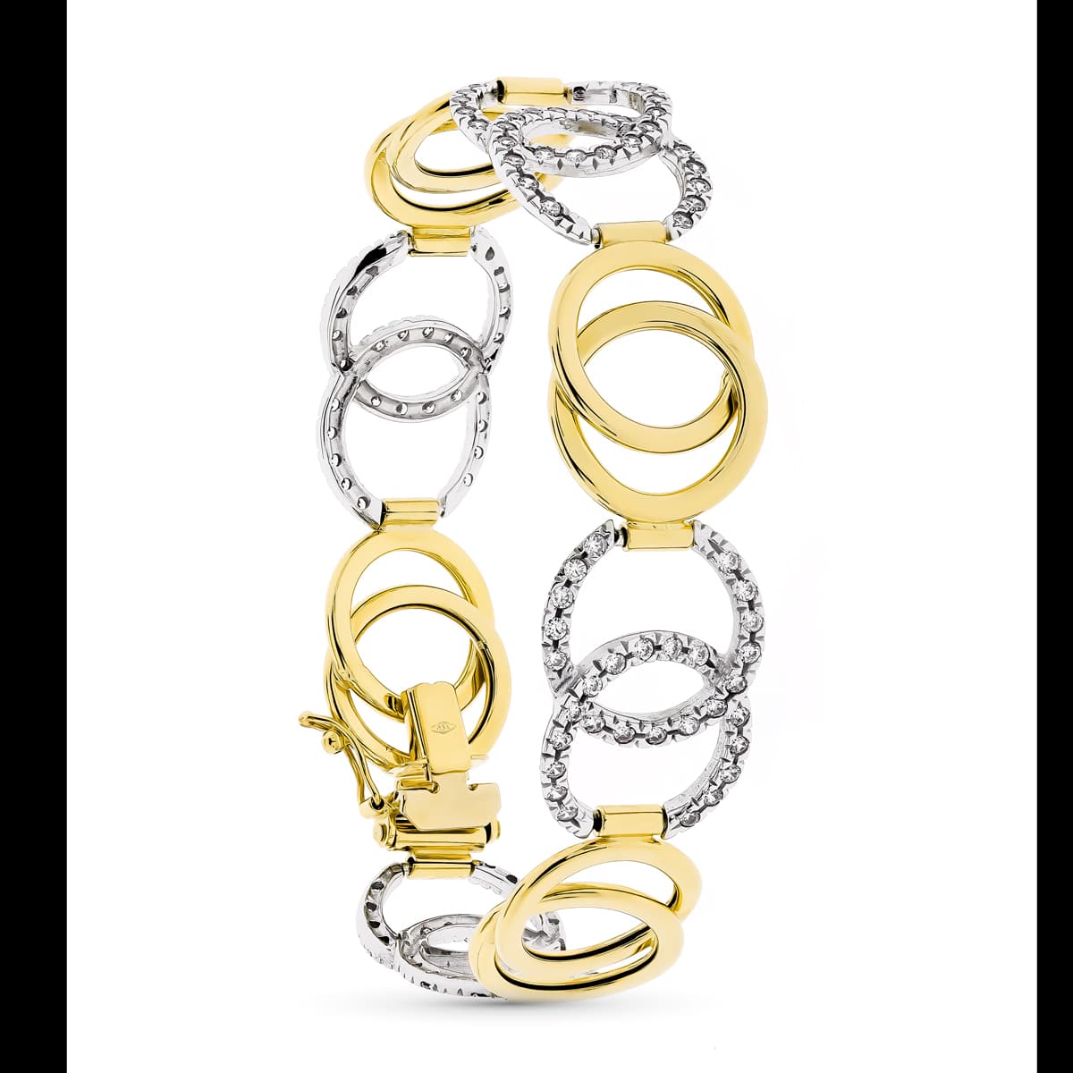 18K PULSERA ORO BICOLOR ESLABONES DOS CIRCULOS ENTRELAZADOS CON CIRCONITAS