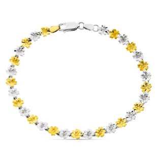 18K PULSERA BICOLOR FLORES ANCHO 6 MM LARGO 19 CM