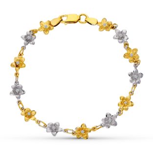 18K PULSERA ORO BICOLOR FLORES 18.5 CM