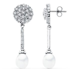 18K PENDIENTES ORO BLANCO PERLA 39X12 MM