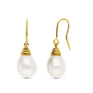 18K PENDIENTES ORO AMARILLO PERLA CULTIVADA 12X10 MM LARGO TOTAL 32 MM CIERRE HIPPIE