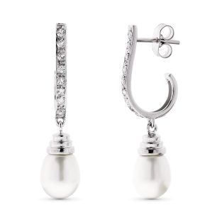 18K PENDIENTE NOVIA ORO BLANCO PERLA 8 MM TOTAL 33X8 MM CIERRE PRESION