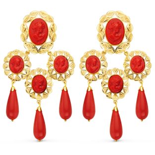 18K PENDIENTES ORO AMARILLO MANTILLA CAMAFEO Y CORAL 70X38 MM CATALAN