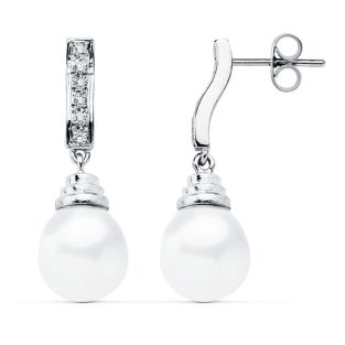 18K PENDIENTES ORO BLANCO PERLA 28X9 MM