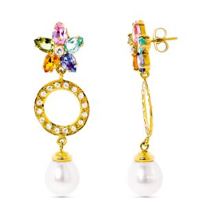 18K PENDIENTES CIRCONITAS Y PERLA Y FLOR DE PIEDRA DE COLOR