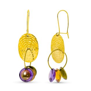 18K PENDIENTES ORO AMARILLO LARGOS PIEDRAS COLORES Y CHAPA TALLADA CIERRE GANCHO