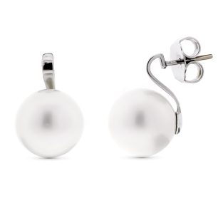 18K PENDIENTES ORO BLANCO PERLA 15 MM PRESION