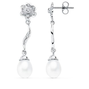 18K PENDIENTES ORO BLANCO PERLA 9X7 MM FLOR 38X8 MM