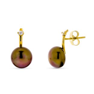 18K PENDIENTES ORO AMARILLO PERLA BOTON 10 MM MARRON