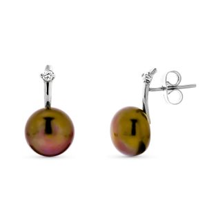 18K PENDIENTES ORO BLANCO PERLA BOTON 10 MM MARRON