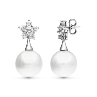 18K PENDIENTES ORO BLANCO FLOR CIRCONITAS PERLA 14 MM