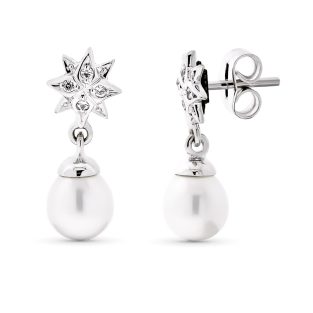 18K PENDIENTES ORO BLANCO LARGO ESTRELLA PERLA 18X7 MM