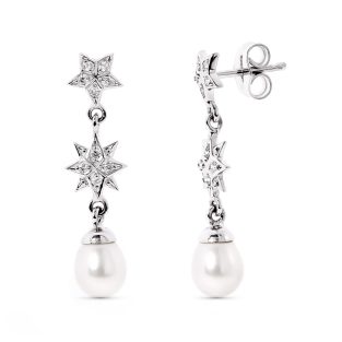 18K PENDIENTES ORO BLANCO ESTRELAS DE CIRCONITAS Y PERLA