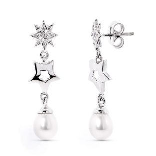 18K PENDIENTES LARGOS PRESION ORO BLANCO ESTRELLAS CON CIRCONITA Y PERLA