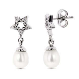 18K PENDIENTES ORO BLANCO DOS CUERPOS CON ESTRELLA Y PERLA CIERRE PRESION