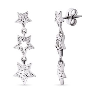 18K PENDIENTES ORO BLANCO LARGOS CIRCONITA Y ESTRELLAS. 27X8 MM