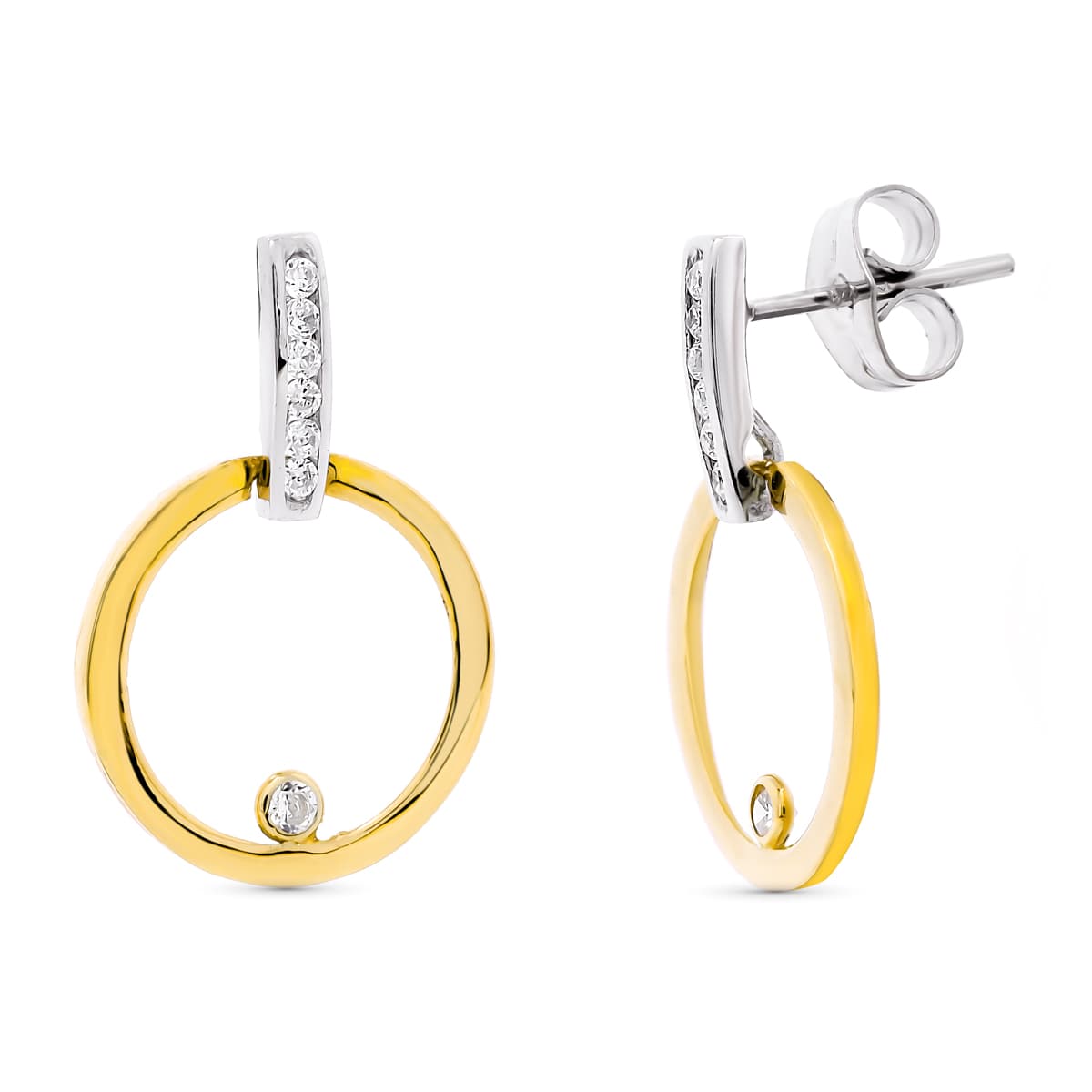 18K PENDIENTES ORO BICOLOR CIRCONITAS 21X14 MM CIERRE PRESION