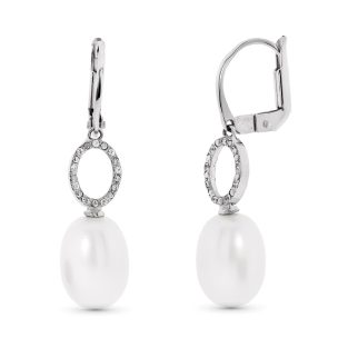 18K PENDIENTES ORO BLANCO MOTIVO OVAL Y PERLA 9 MM CIERRE CATALAN