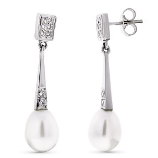 18K PENDIENTES ORO BLANCO LARGOS PERLA Y CIRCONITAS CIERRE PRESION
