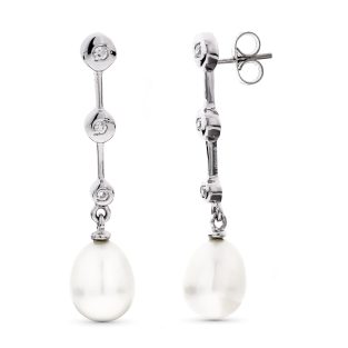 18K PENDIENTES ORO BLANCO LARGOS PERLA Y CIRCONITAS CIERRE PRESION