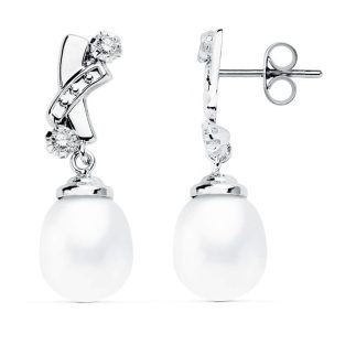 18K PENDIENTES ORO BLANCO PERLA 22X8 MM