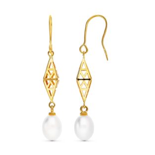 18K PENDIENTES ORO AMARILLO ROMBO 43X7 MM PERLA CULTIVADA 9X7 MM CIERRE HIPPIE