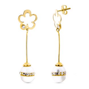 18K PENDIENTES ORO AMARILLO LARGOS CON FLOR PERLA CIERRE PRESION