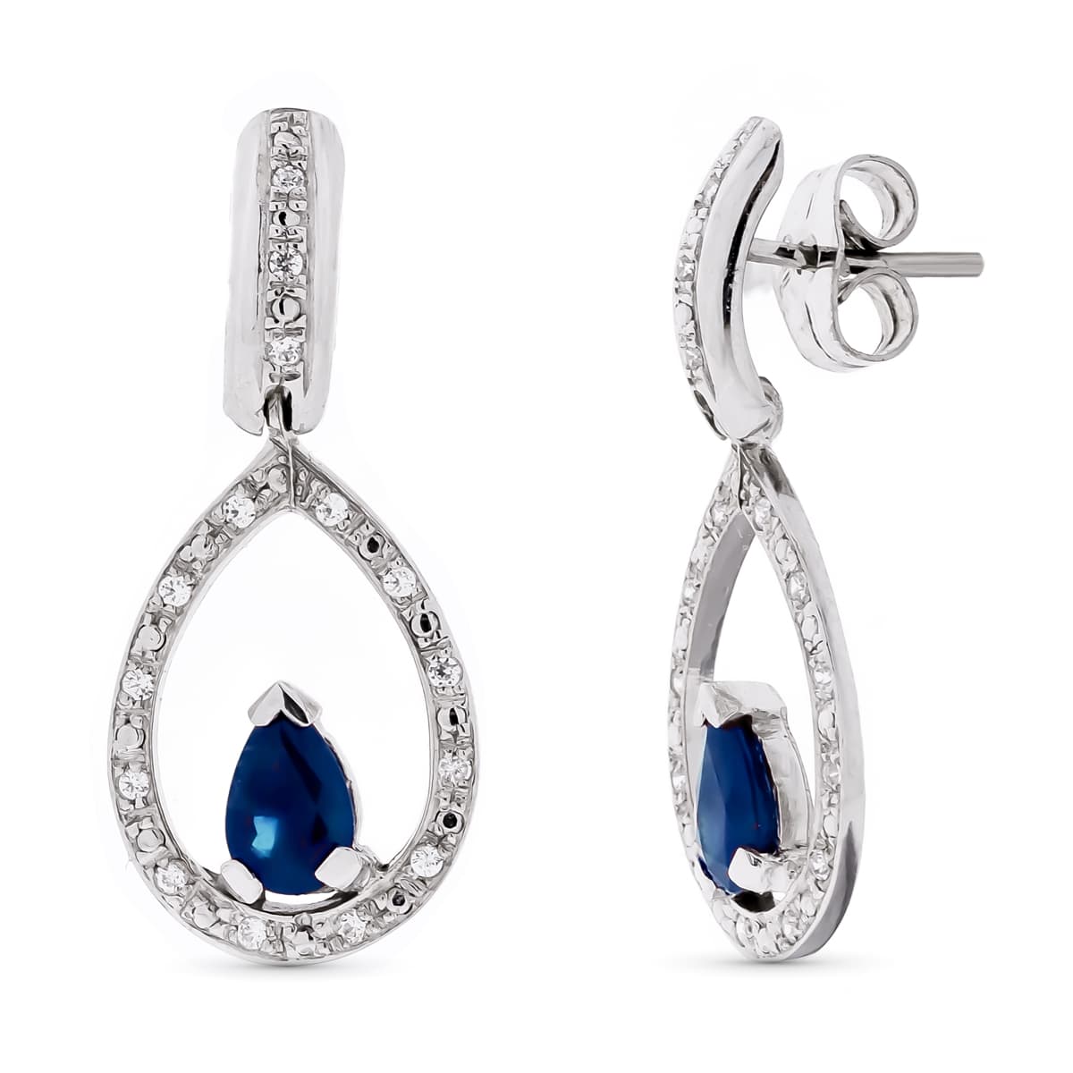 18K PENDIENTES ORO BLANCO PIEDRA FINA ZAFIRO 6X4 MM