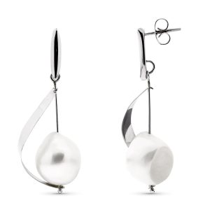 18K PENDIENTES ORO BLANCO LARGOS CON PERLA Y BARRA CIERRE PRESION