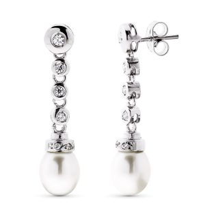 18K PENDIENTES ORO BLANCO LARGO PERLA CIULTIVADA 8 MM Y CIRCONITAS TOTAL 30X7 MM CIERRE PRESION